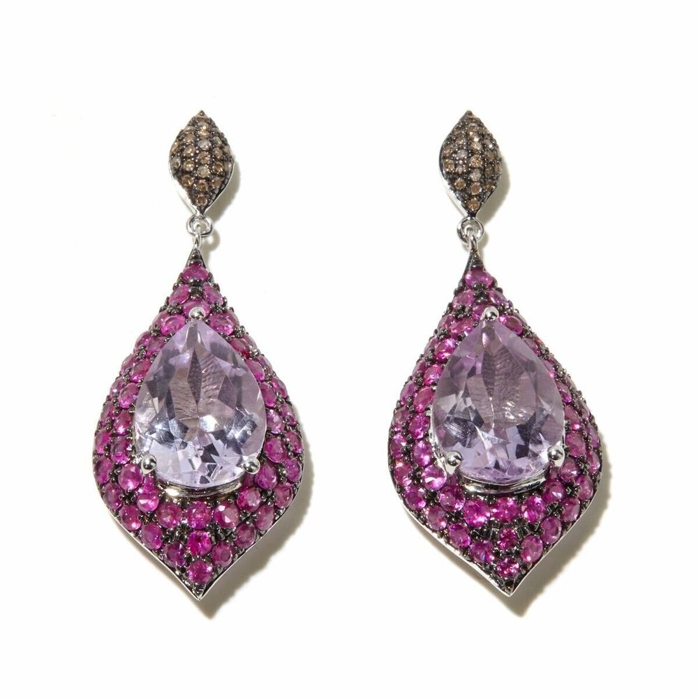 Rarities Sterling Silver Amethyst, Pink Sapphire and Real Diamond Drop Earrings